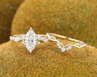1ct Marquise-Schliff Labrador gewachsen Diamant Verlobungsring IGI-Zertifikat Ring Gelbgold Braut-Set Einzigartige Gebogener Ring Ehering gesetzt