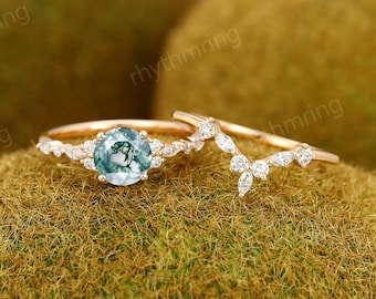 Moosachat Verlobungsring Set weinrot Einzigartige Rosegold Verlobungsring Marquiseschliff Ehering Versprechen Jahrestag Ring für Frauen