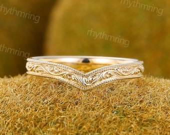 Filigraner Geschwungener Ehering Vintage Gelbgold Milgrain Passender Ehering Gravierter Massiver Goldring Brautgeschenk für Frauen