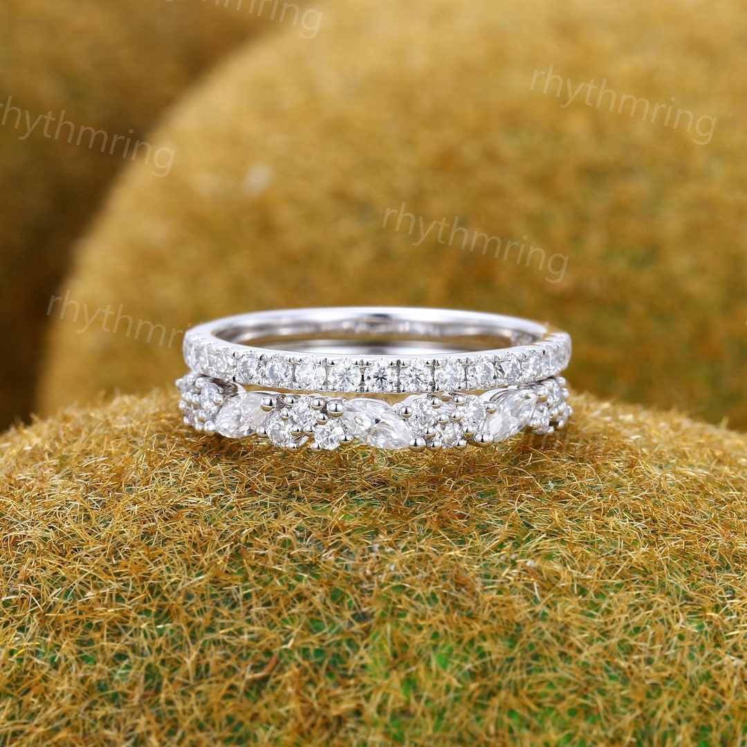 Half Eternity Moissanite Wedding Band Unique Solid 14K White Gold ...