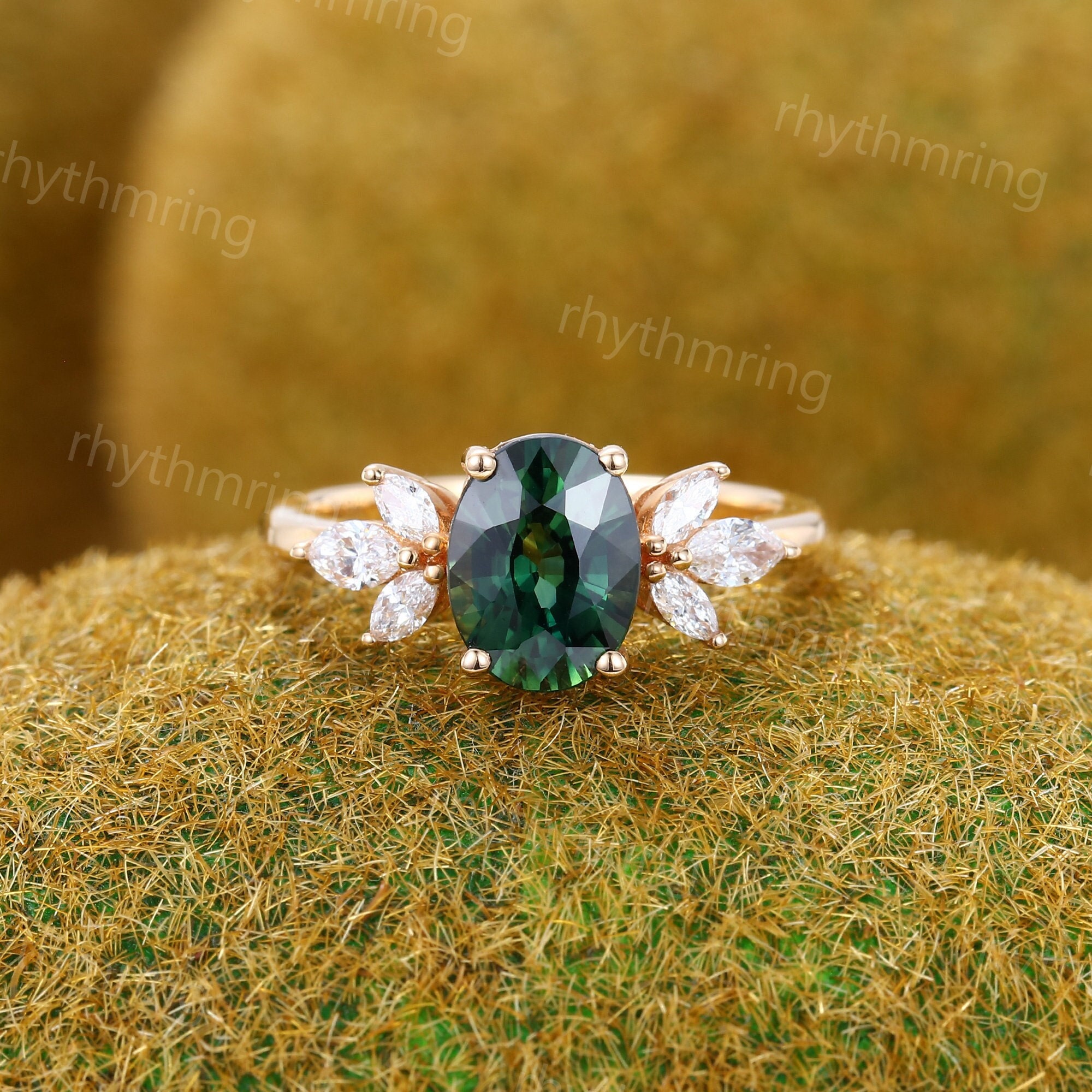 Vintage Oval Teal Sapphire engagement ring Rose gold engagement ring Marquise cut Diamond ring Art deco Promise Anniversary ring Gift