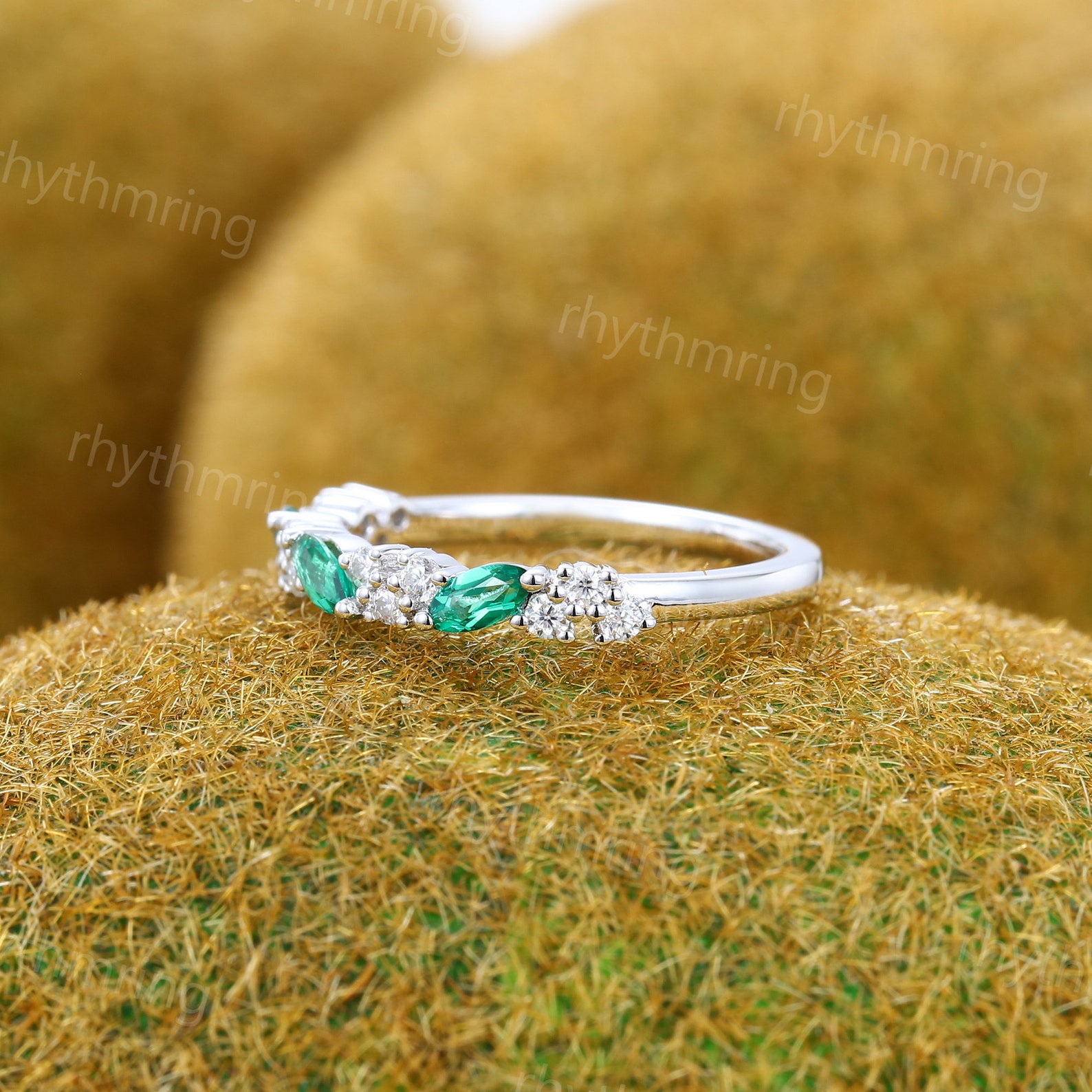 Vintage Emerald Wedding Band White Gold Wedding Band Unique Marquise — free download