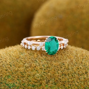 Oval Emerald engagement ring set Vintage Rose gold engagement ring Milgrain ring Art deco full eternity ring Bridal Promise Anniversary ring image 3