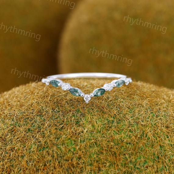 Vintage Marquise cut Moss agate wedding band Unique white gold Curved band art deco diamond ring Bridal Matching Stacking band Promise ring