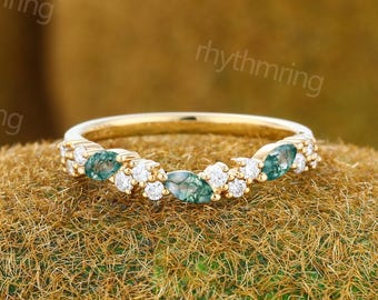 Moosachat Ehering Massiv Gelbgold Band Unikat Geschwungener Ring Halbe Ewigkeit Diamant Ring Marquise geschliffen Band Passende Stapelbares Band