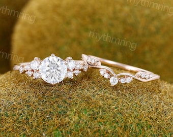 Moissanite engagement ring set Vintage Solid rose gold bridal set Antique Natural Diamond ring Unique Wedding Promise Anniversary ring