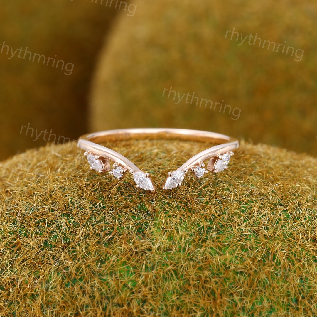 Vintage Marquise Cut Diamond Wedding Band Solid 14k Rose Gold Ring ...