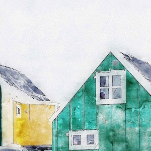 Greenland Aasiaat Colourful Houses Warm View Watercolor Painting | Greenland Winter Aquarelle Digital Print Instant Download 4 Sizes