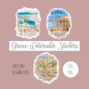 Grèce Villes Stickers Aquarelle Digital Svg Png | 3 Of Set Téléchargement instantané Autocollants grecs imprimables