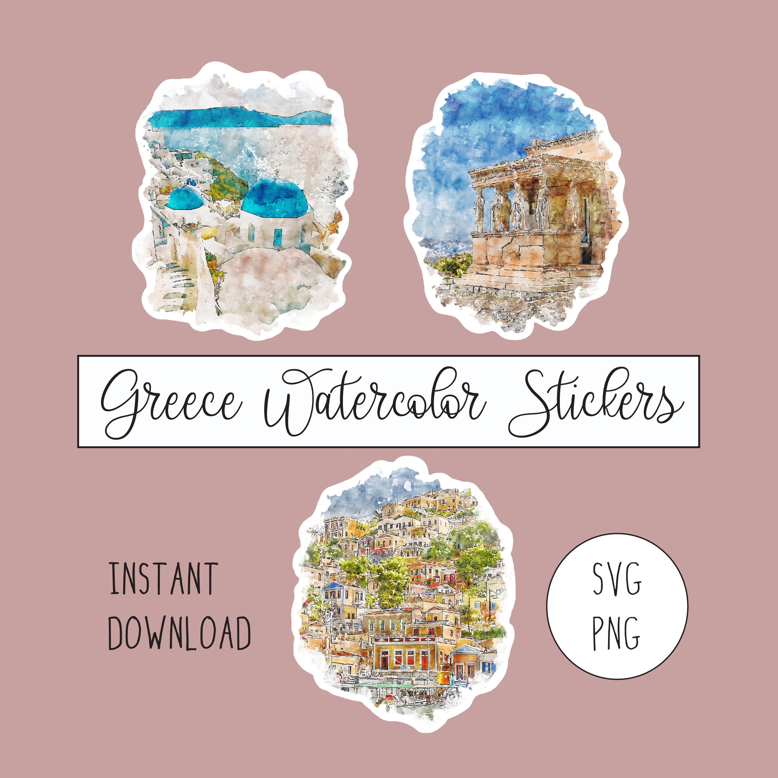Greek Sticker Buildings Greece Cities Stickers Watercolor Digital Svg Png | 3 of Set Instant ...