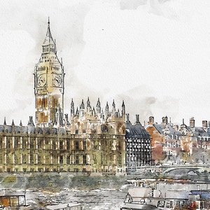 England London Watercolor Horizontal Print, Instant Download Art