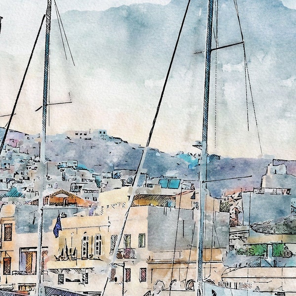 Grèce Syros Coast Aquarelle Print Art, Grèce Marina Téléchargement instantané Décoration murale