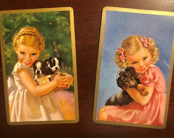 Vintage Adorable Little Girls All Dressed Up and Holding Their Precious Puppies (Boston Terriers and a Dachshund) Cards/ Ephemera/ Journals