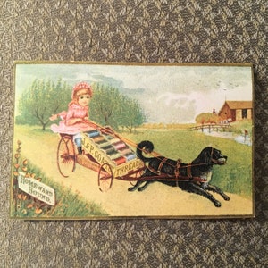 J & P Coats Thread Advertisement/Victorian Trade Journaling Card Copy of Little Girl on Thread Cart Being Pulled by Her Dog  |Junk Journals