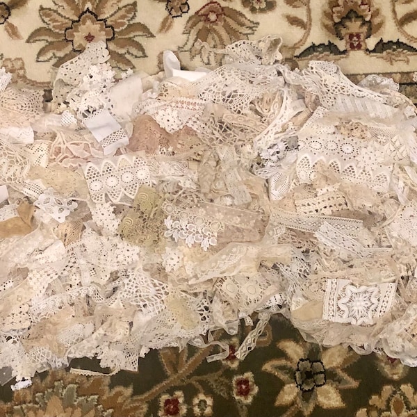 Huge Lot of Antique/Very Old Vintage Snippets/Lace, Trim (Sold in 5 oz. Bags) Example: this lot. Small- Longer Pieces. READ description 1st!