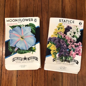 Vintage Flower Seed Packets (1940-50’s) Moon Flower and Statice| Seed Packets for Journals, Scrapbooking, Collage, etc. (1 of each)