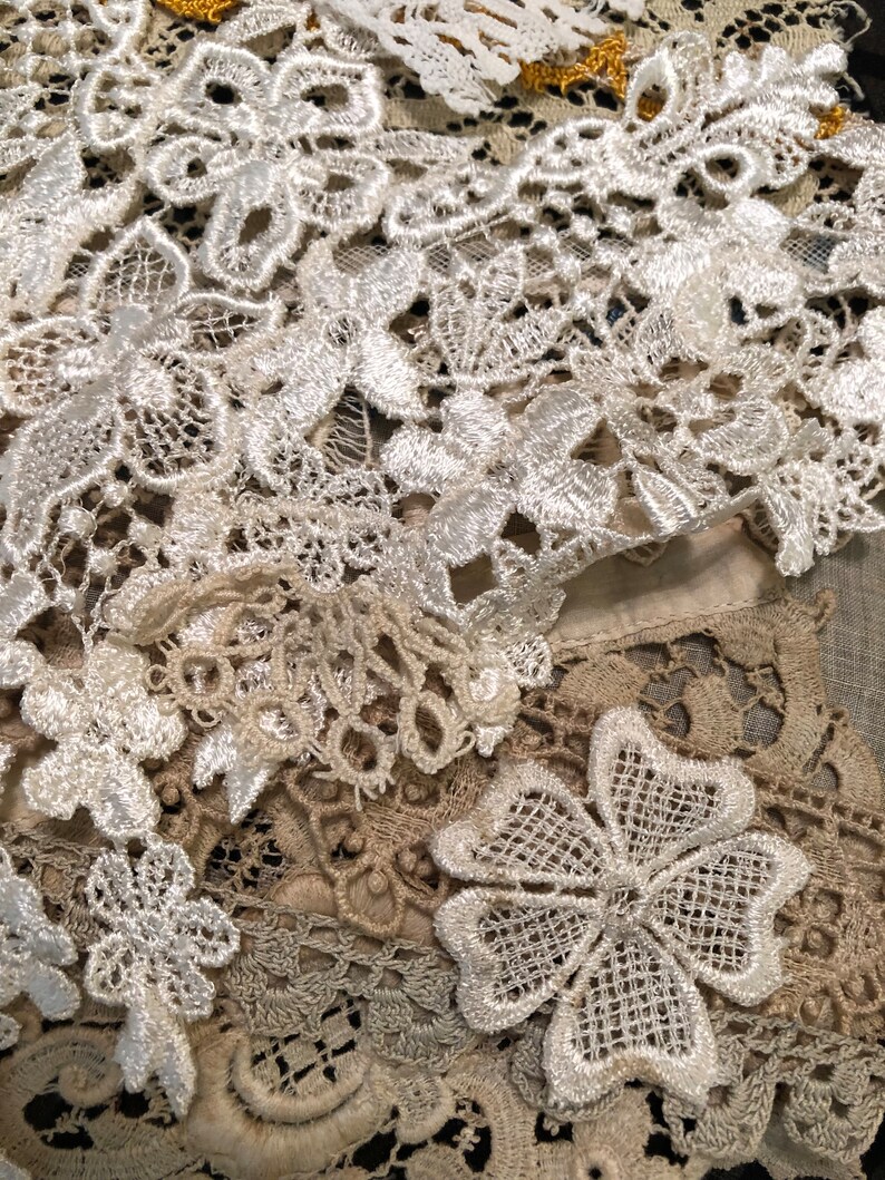 Antique/Older Vintage Texture Grab Bag Snippets Antique/Vintage Trim Pieces/Bundles Antique Lace, French Lace, Tatting, etc See description image 2