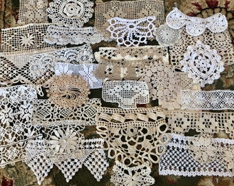 Antique/Old Vintage Old Crochet Pieces (Most Handmade) Bag of Pieces/Journal Embellishment/Slow Stitch/Mixed Media/Texture  Est. 1900-1940