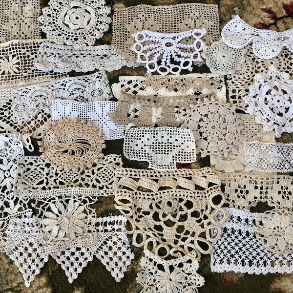 Antique/Old Vintage Old Crochet Pieces (Most Handmade) Grab Bag, Crochet Snippets Pieces/ Embellishments/Slow Stitch/Mixed Media/Texture Bag