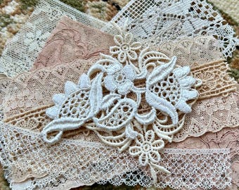 Antique Lace/Trim Snippets/OLD Vintage - French & Needle Lace, Crochet, Venetian, etc No Synthetics Approx. 85-125 Old/Texture bag Victorian