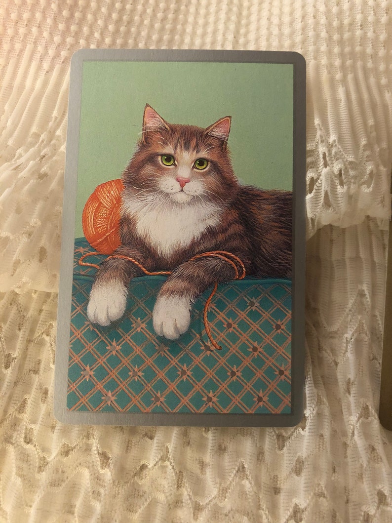 Op de afbeelding: Een bruin-witte tabbykat met groene ogen ligt op een groen-bruin gepatroneerd oppervlak. De kat speelt met een bolletje oranje garen.