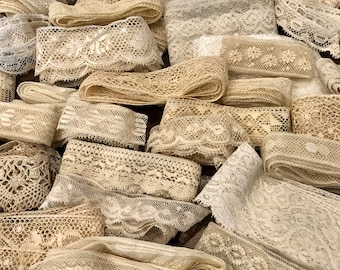 Antique/Very Old Vintage Lace (10 pieces, 12", 16" or 18") Fine French Lace, etc. Sewing, journals, slow stitch, etc. (No synthetic fibers)