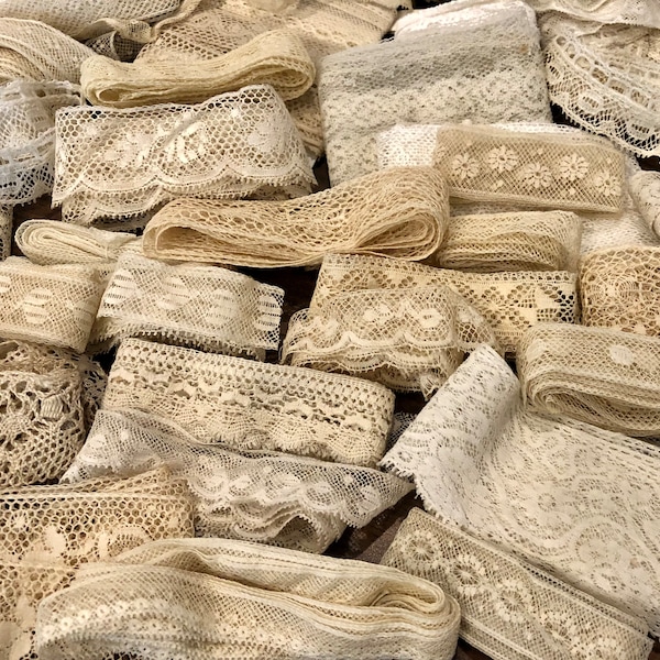 Antique/Very Old Vintage Lace (10 pieces, 12", 16" or 18") Fine French Lace, etc. Sewing, journals, slow stitch, etc. (No synthetic fibers)