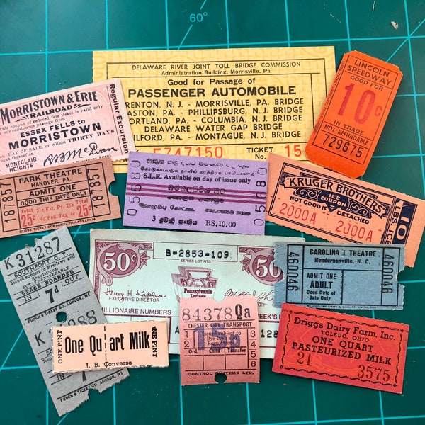 12 Antique/ Vintage Tickets for Ice, Ferry, Milk / Dairy, English and American Bus, Movie, Train, and More | Junk Journal Ephemera, etc.