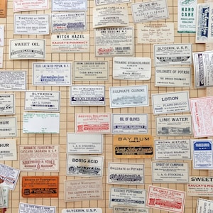 5 -10 Vintage Apothecary Labels (Medicine, Oils, Tinctures, etc.) Junk Journal Ephemera, Collage, Crafts, Rtd.