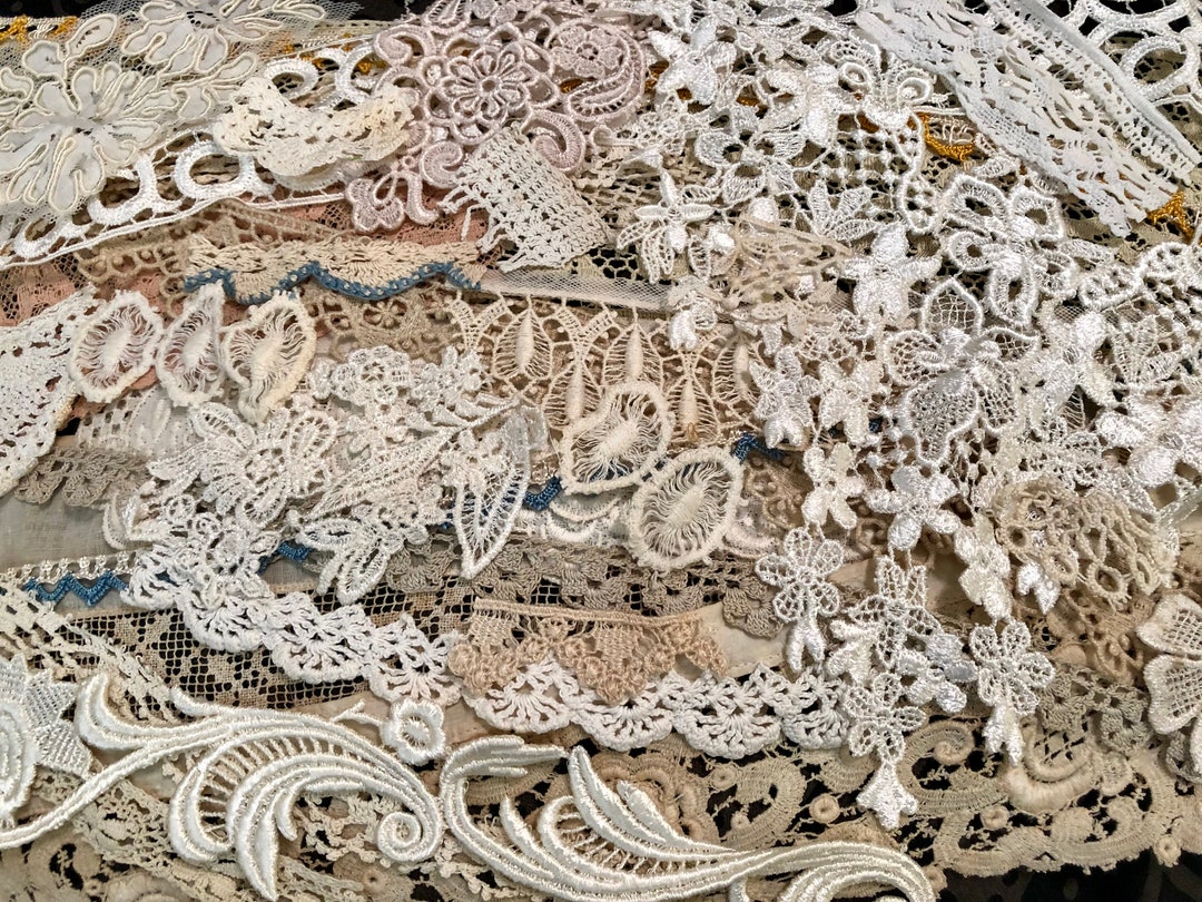 Antique/Old Vintage Texture Grab Bag Snippets, Antique/Vintage Trim Pieces/Bundles Antique Bits of Lace, Tatting, etc. Journals, Quilts, etc