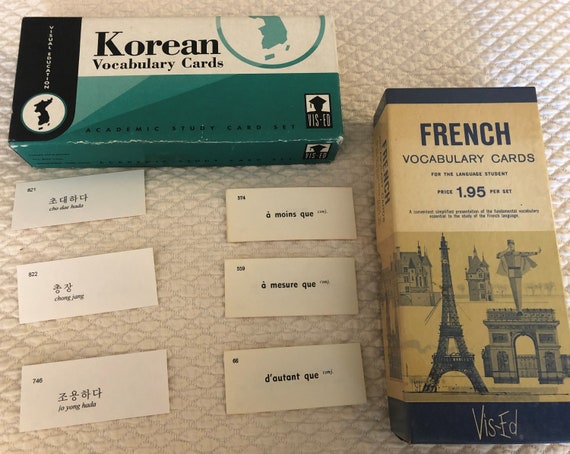 24 French and/or Korean Vocabulary Cards (One side in Foreign Language/Other English) Junk Journals Ephemera/Crafts, Projects, etc.