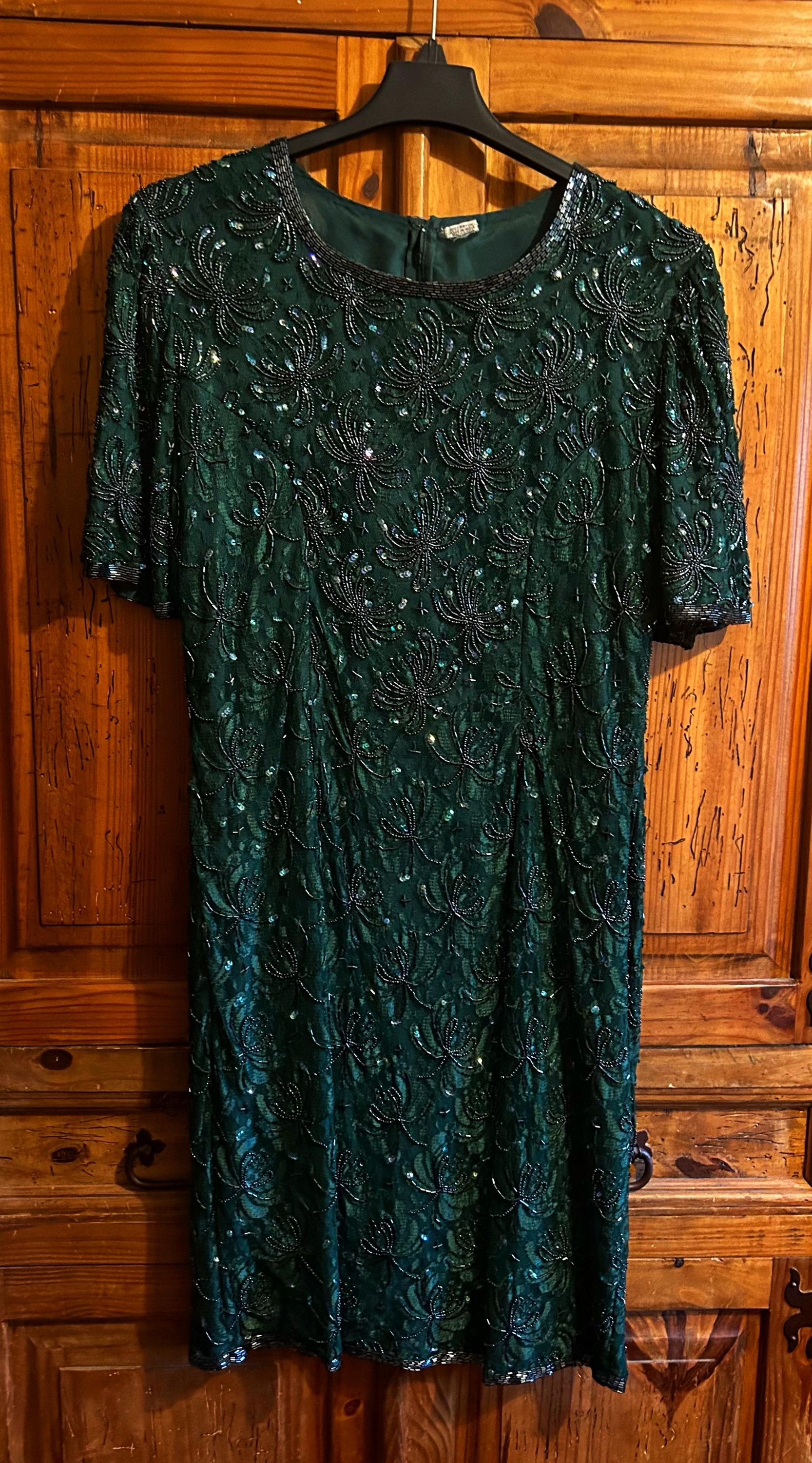 14255 Emerald Green Stone Embroidered Cape Dress
