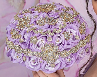 Lavander gold quinceanera bouquet, lilac gold quince brooch bouquet, lavender quinceanera ramo, light purple  gold brooch bouquet