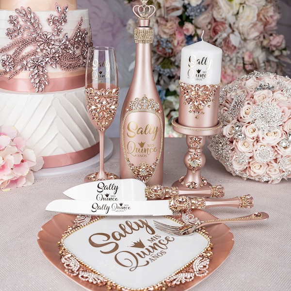 Brindis quinceañera rose gold quinceanera glasses, champagne quinceanera set, quinceanera knife