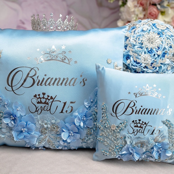 quinceanera baby blue pillows set, light blue quinceanera pillows, sweet 15 tiara pillow, dusty blue personalized pillows, quince almohada
