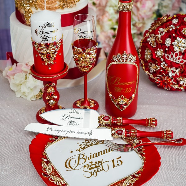 RED quinceanera set, Red gold quinceanera knife set, red quinceanera toast set, red glasses, red mis anos