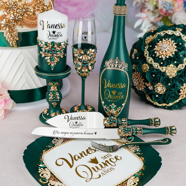 emerald green sweet 16 decorations, green gold sweet 16 cake, green sweet 16 glasses