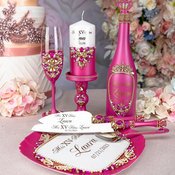 Pink quinceanera decor, fuchsia quinceanera cake knife Hot pink mis anos toast set