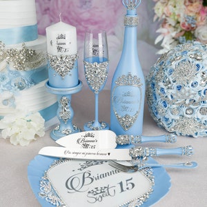 baby blue sweet 16 decor, dusty blue silver sweet 16 cake, blue sweet 16 glasses