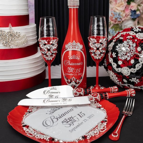 red black quinceanera toasting package, black red quinceanera glasses and bottle, red black silver quince decoration, brindi quinceanera set