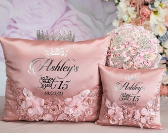 rose gold silver quinceanera pillows set, rose gold quince almohada, pink silver tiara pillow, rose gold quinceanera pillows