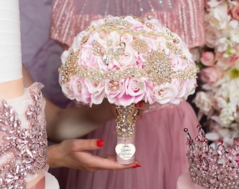 Blush Pink Gold Quinceanera Brooch Bouquet, Light Pink and Gold