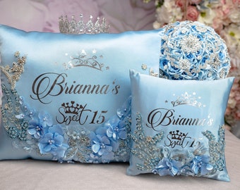 quinceanera baby blue pillows set, light blue quinceanera pillows, sweet 15 tiara pillow, dusty blue personalized pillows, quince almohada