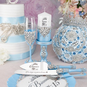 Light Blue Pink Quinceanera Bouquet Dusty Blue Quince Decor - Etsy