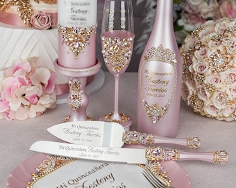 rose gold quinceanera glasses, champagne quinceanera set, quinceanera knife