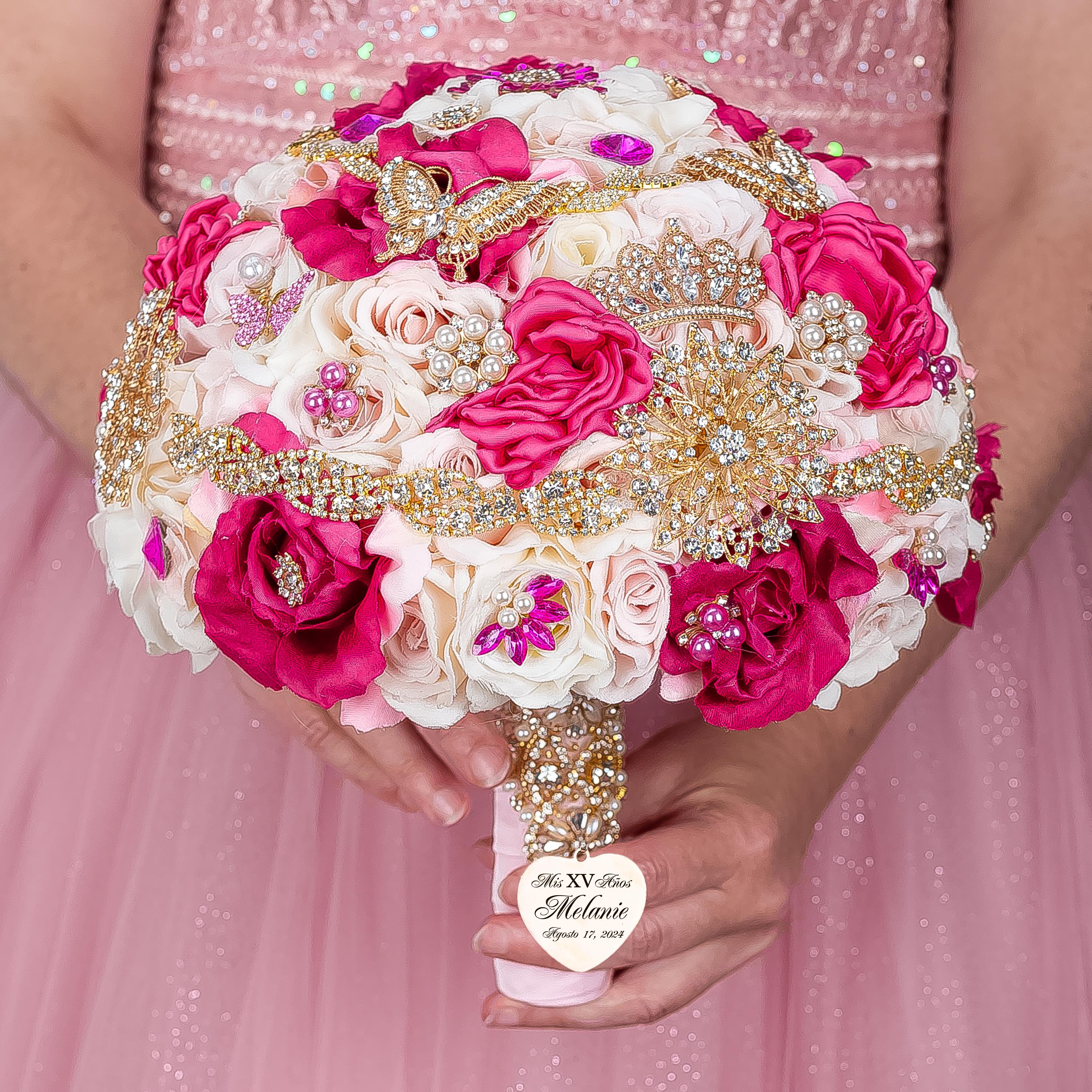 Fuchsia & Gold Quinceanera Bouquet: Hot Pink Ivory Mis XV Ramo - Etsy