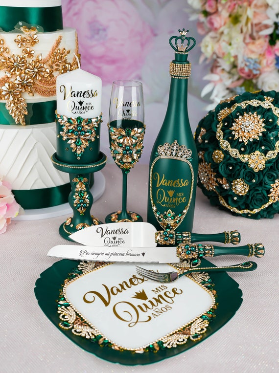 Green Quinceanera Decorations, Emerald Green Quince Anos, Green Gold  Quinceanera Glasses, 