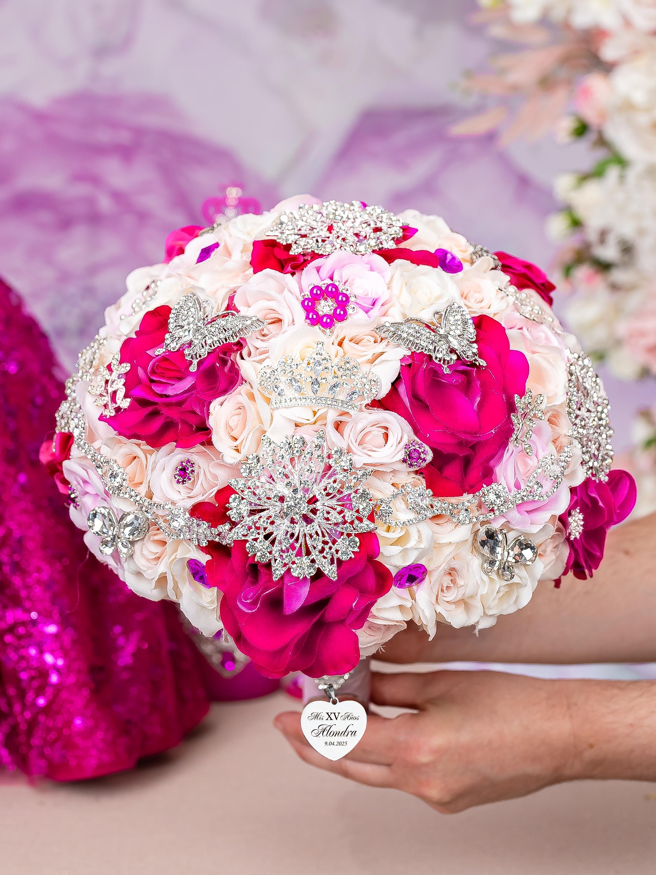 Sweet 15 Quinceañera Fuchsia Pink Ribbon Bouquet & Matching Tocado Set Fuchsia Quinceanera Bouquet: Hot Pink & Silver Ramo, Sweet  main image 3