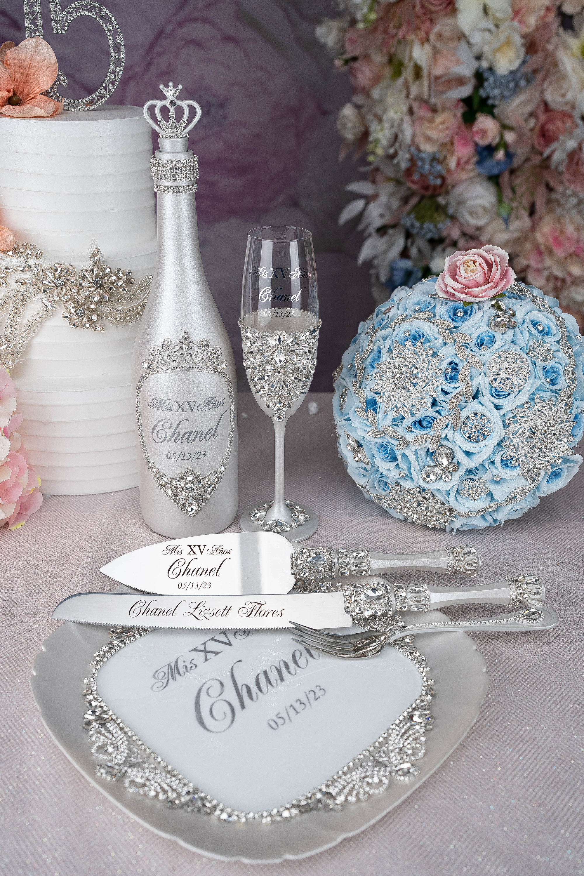 Silver Quinceanera Cake Knife , Silver Quince Brindis Set, Silver
