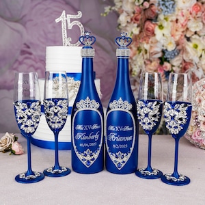 royal blue silver  quinceanera set, blue silver quince anos,  royal blue quinceanera glasses,